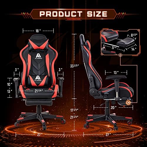 Gaming High Back Ergonomic Computer Racing Chair - Adjustable Office With Footrest, Lumbar Support, Swivel - Upgraded Version BlackRed