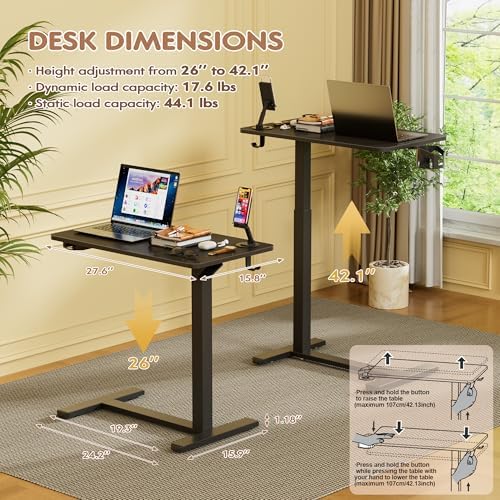 Furmax Mobile Standing Desk with Wheels, Pneumatic Adjustable Rolling Computer Desk Laptop Table for Bed, Couch (Black, Small)