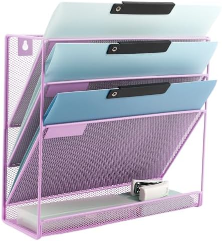 EASEPRES Desk File Organizer Mesh 4-Tier, Hanging Wall Mount Document Organization Stand, Desktop Vertical Mail Paper Folder Holder Rack with Bottom Tray for Office Home Cubicle, Light Purple