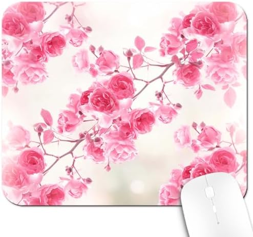 9.5x7.9 Inch Office/Gaming Mouse Pad, Pink Rose Blossom Romantic Floral Flowers Garden, Cute Anti-Slip Mat for Desk Decor