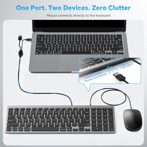 OMOTON Keyboard and Mouse for Mac, Wired USB-C & USB-A, Zero Setup, Grey