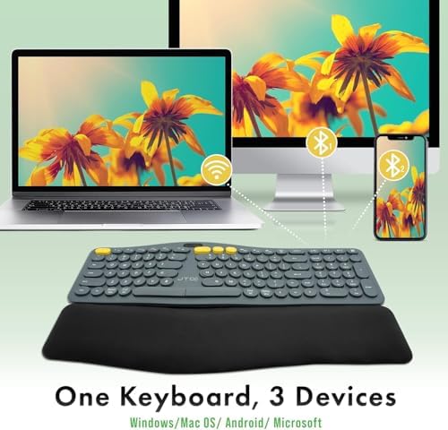 J-Tech Digital ProType S Wireless Split Ergonomic Keyboard for Long Nails, Carpal Tunnel Relief, 2.4G & Bluetooth, Rechargeable, Detachable Palm Rest, Quiet Mechanical Keys for Windows, Mac, iPad