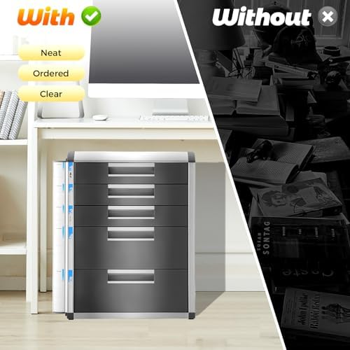 Desk Organizer with 5 Drawers, Metal Desktop Storage Cabinet with 2 Pcs Keys & Convenient Label, Desktop Filing Case Literature Organizer for Offices Homes, 13.7x12.4x15.9In