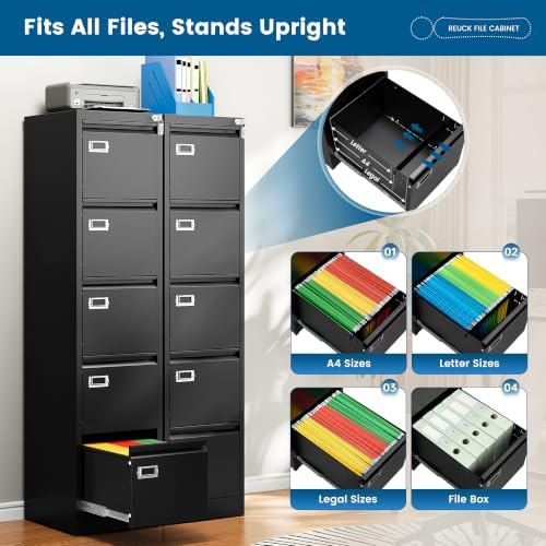 PEUKC 5-Drawer File Cabinet, 16.3" Deep Vertical Metal Filing Cabinet with Lock for Home Office, Anti-Tip 5 Storage Drawers for Letter/Legal/A4/F4 Size (Assemble Required, Black)