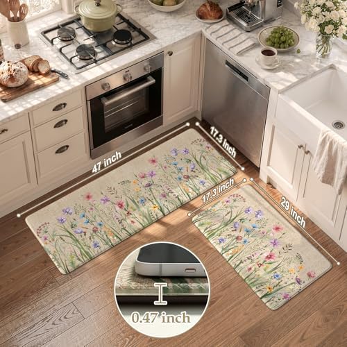 KIMODE Anti Fatigue Kitchen Mats, Farmhouse Floral Kitchen Rugs Sets of 2
