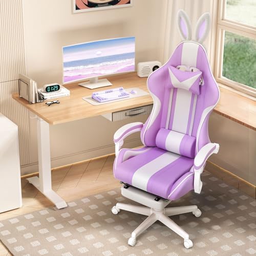 Ferghana Kawaii Light Purple Gaming Chair with Bunny Ears, Ergonomic Cute Gamer Chair with Footrest and Massage, Racing Reclining Leather Office Computer Game Chair for Girls Adults Teens Kids