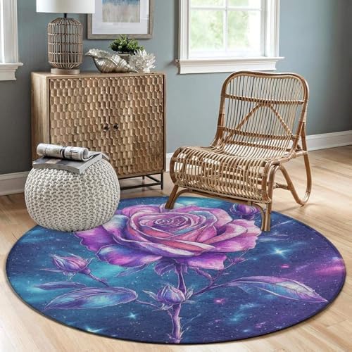 Home Decor Non Slip Kitchen Office Circle Rug, Machine Washable Modern Round Area Rug, Room Sofa Yoga Soft Round Carpet Space Galaxy Flower Glitter Rose Art, 36inch