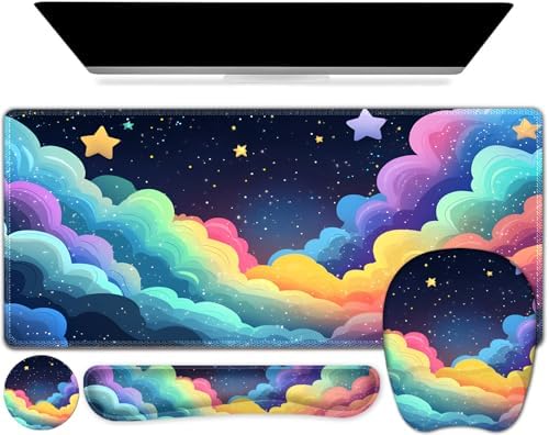 Mouse Pad with Wrist Support 4 in1 Set, XXL Big Game Mousepad + Keyboard Wrist Rest + Mouse Wrist Rest Pad +Coaster Gaming Mat for Home Office Work Computer Laptop I Colorful Clouds Starry Night