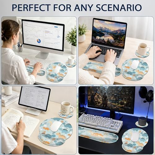 Ergonomic Memory Foam Wrist Rest Set for Keyboard and Mouse,Cute Dinosaur Supportive Mouse Pad with Non Slip Base for Office Work and Gaming