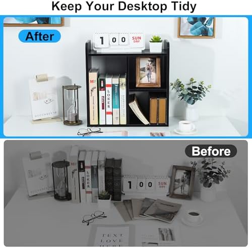 TQVAI Wood Desktop Bookshelf, 3 Cube Storage Unit Multipurpose Open Storage Shelves for Books, Office Supplies, Plants and Decor, Freestanding Desk Shelf Organizer for Office Home Study Room, Black