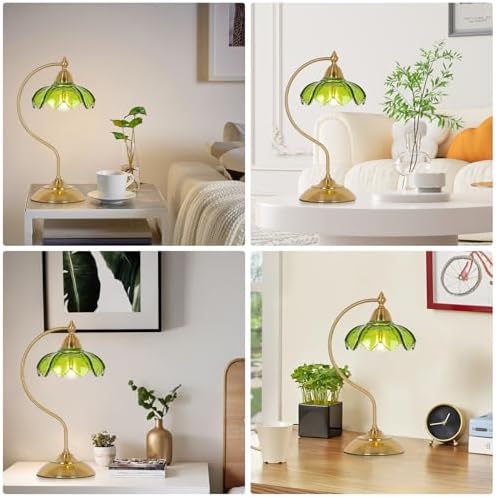 Glass Beside Table Lamp for Bedroom, Plug In Gold Desk Lamp, Vintage Flower Nightstand Lamp, Table Lamps for Living Room, Small Desk Lamps for Home Office, Green Table Light, Flower Lamp Decoration