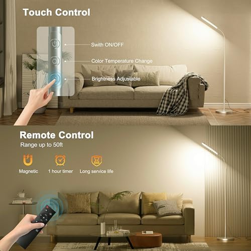 Yikuneng Dimmable LED Floor Lamp, Super Bright Reading Lamps Floor Standing lamp with Remote & Touch Control, Stepless Dimming & 2700K-6500K Color Temperature, for Living Room Bedroom Office, Gray