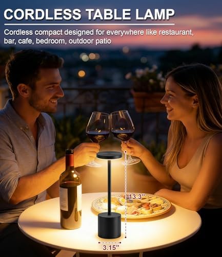 Swinerton Black Cordless Table Lamp, Rechargeable 5000mAh Battery Powered Wireless Table Light, 3 Color Dimmable Lighting, Patio Outdoor Table Lamp, Bedside Night Lamp, Ambient Light for Dining