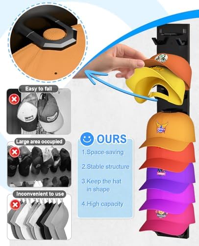 4 Pack Hat Organizer for Baseball Caps, Strong Adhesive Hat Rack for Wall, Multilayer Hat Storage Display Holder for Door Closet, Cap Organizer Storage Wall Mounted Hat Hooks Hold up to 36 Hat (Black)