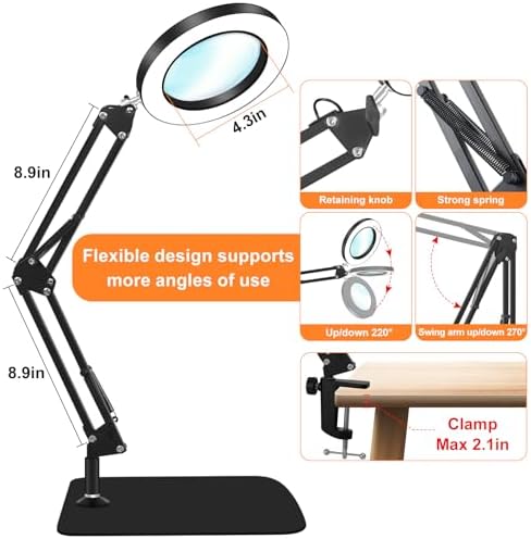 10X Magnifying Glass with Light and Stand, Dimmer Adjustable Swing Arm 2-in-1 Desk Lamp and Clamp, LED Lighted Desk Magnifier with Light for Craft Reading Repair Painting Close Work
