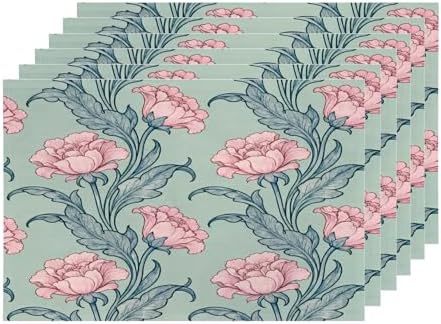 Shrahala Bloom Floral Garden Set of 6 12 X 18 Inch Linen Placemats, Flourish Ornamental Blossom Rose Burlap Table Mat Washable Double Layered Heat Insulation for Indoor/Outdoor