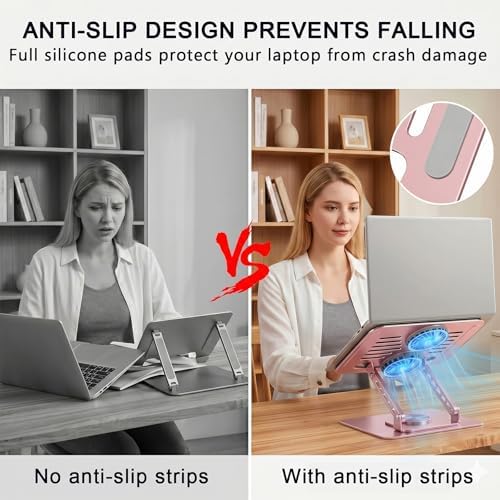 Laptop Stand with Cooling Fan, 360° Rotating Base Aluminum Laptop Riser, Foldable Ergonomic Computer Stand for Desk, Height Adjustable Notebook & All Laptops Up to 17.3" (Pink)