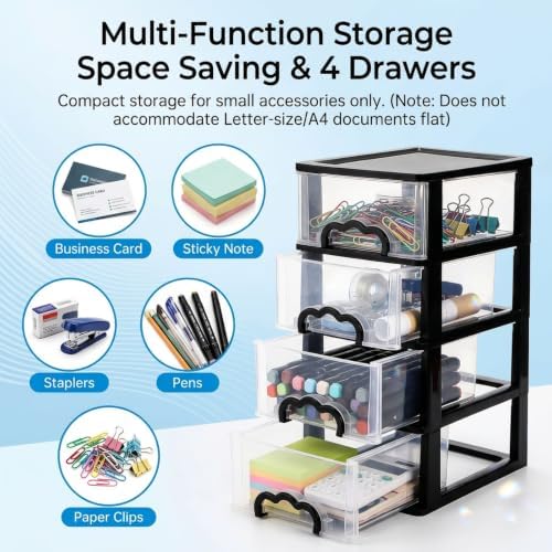 Cididu Desktop Organizer with 4 Drawers, Clear Plastic Storage Drawer Unit, Small Desk Organizer Storage Box, Durable Storage Bin Container Case for Countertop Stationery Pens Makeup Office Supplies