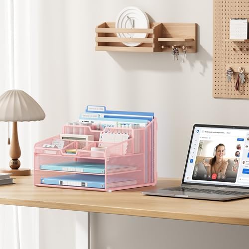 Lavatino Desk Paper File Organizer - Metal Mesh with 2 Letter Trays, 7 Flexible Dividers, 2 Vertical File Folder Holders for Office/Home/Classroom Supplies, Desk Organizers and Accessories, Pink