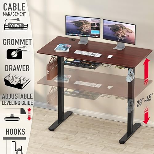 SHW 55 x 28 Electric Height Adjustable Standing Desk w/Drawer, Cherry