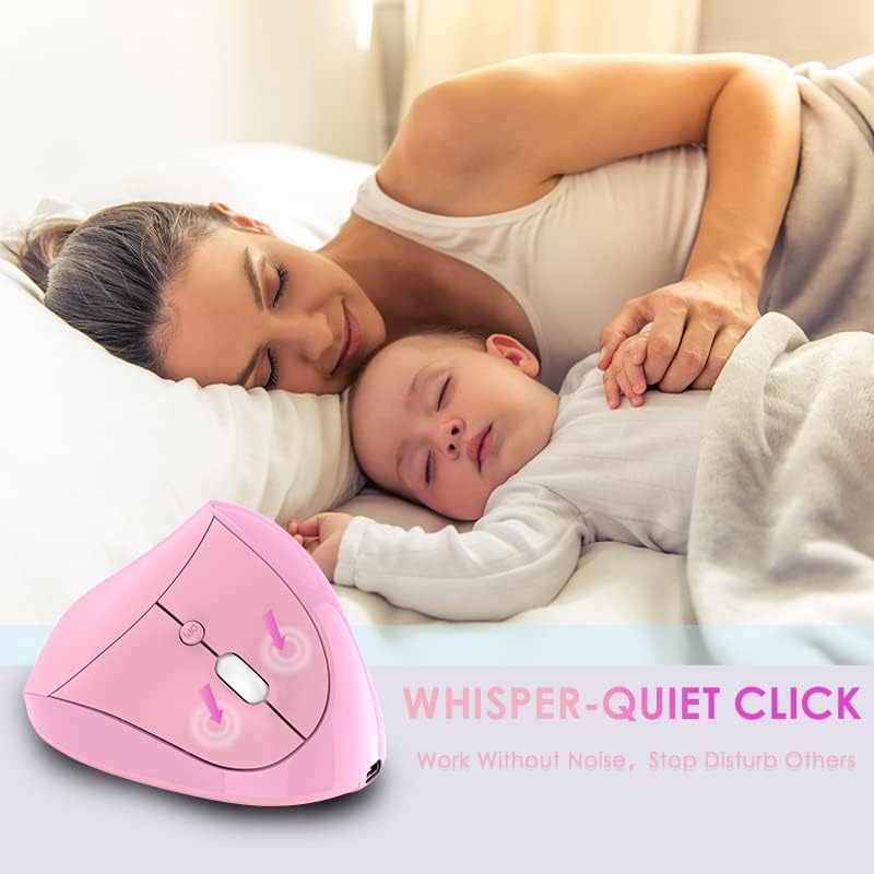 Ergonomic Mouse,Rechargeable Small Vertical Mouse with 6 Buttons Adjustable 800/1200/1600 DPI Pink Wireless Mouse for Laptop Desktop PC Mac