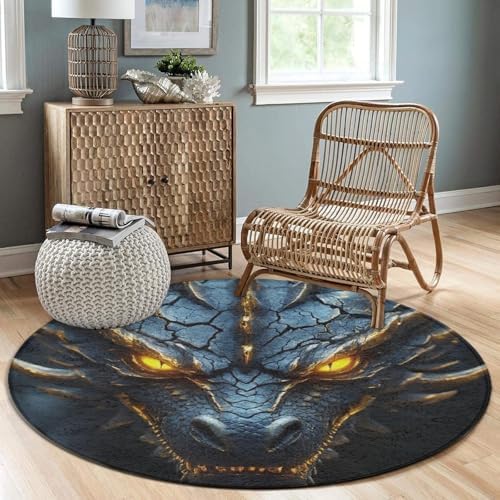 Men's Large Home Decor Mat, Soft Round Yoga Carpet, Non Slip Machine Washable Home Office Circle Rug Cool Black Gold Dragon