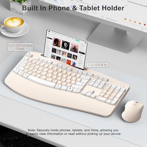 Wireless Keyboard and Mouse Combo, 2.4G Ergonomic Wave Keys(Milk Tea-A)