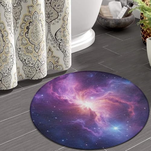 Large Home Decor Mat, Soft Round Yoga Carpet, Non Slip Machine Washable Kitchen Office Circle Rug Purple Blue Galaxy Space