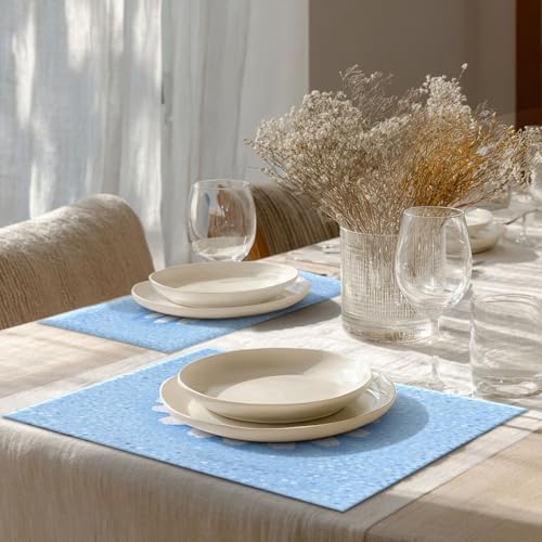 Shrahala Botanical Daisy Set of 4 12 x 18 Inch Linen Placemats, Soft Blue Background Burlap Table Mat Washable Double Layered Heat Insulation for Indoor/Outdoor