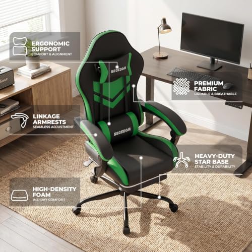 Gaming Chair with Footrest & Massage Lumbar Support, PU Leather Ergonomic High Back Swivel Height Adjustable Chair for Adults, Office Gaming, 300 lbs (Black Green)
