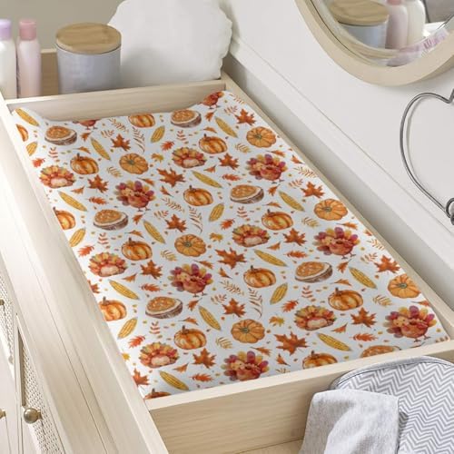 Watercolor Thanksgiving Turkey Pumpkin Corn Leaves Pattern Baby Changing Pad Cover, Unisex Fall Winter Holiday Nursery Diaper Changing Table Pad Mat Sheet for Boys Girls-16x32