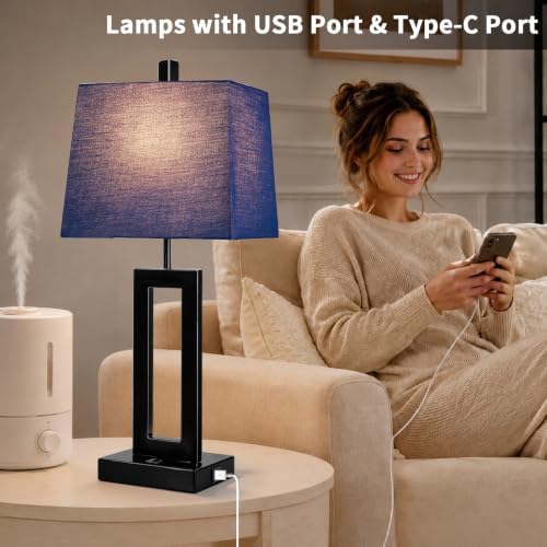 Cinkeda Blue Bedside Table Lamp Set of 2, Nightstand Lamps with USB Ports