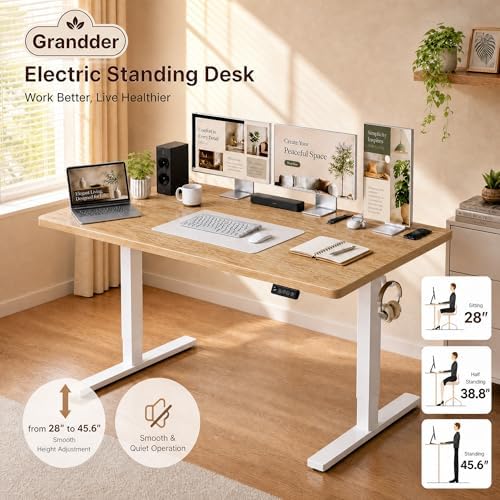 Grandder 55x32 Extra-Deep Electric Standing Desk, Wide Desktop Fits 49" Ultrawide Monitor+Dual Screens, 176 lbs Capacity, 2 Memory Presets, Anti Collision, Computer Desk for Home Office & Gaming, Oak