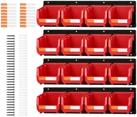 16pc Wall-Mounted Storage Organizer Set with Metal Rails Red
