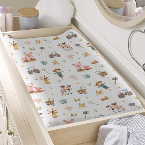 Cartoon Farm Animals Cow Chicken Pigs Sheep Farm Life Tractor Baby Changing Pad Cover,Unisex Farm Nursery Diaper Changing Table Pad Mat Sheet for Boys Girls-16x32