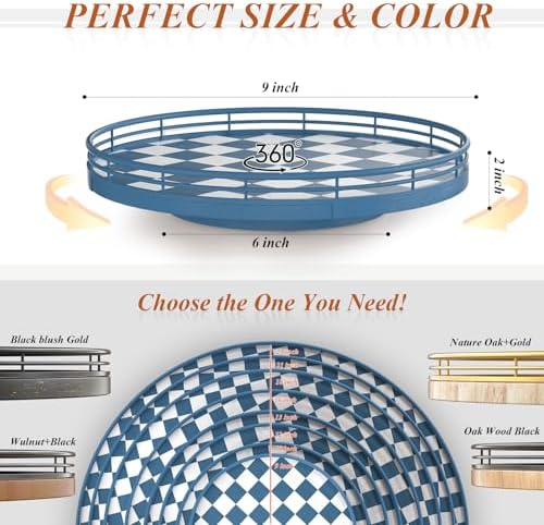 Blue and White Checkerboard Lazy Susan with Rubberwood Base and Metal Rail