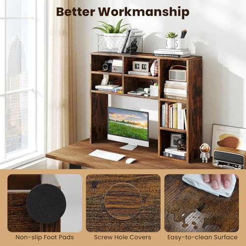 Giantex Desktop Bookshelf, Desk Hutch Dorm w/ 7 Cubes & 3 Adjustable Shelves, Desk Shelf for Up to 27" Computer Monitors, Wooden Desktop Storage Organizer for Dorm College Office Home, Rustic Brown