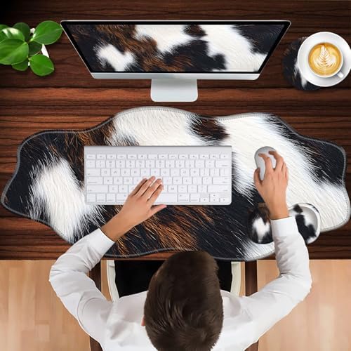 Mouse Pad with Wrist Support + Desk Mat + Coaster 3 in 1 Set, XXL Large Gaming Mousepad Ergonomic Mouse Pads for Desk Computer Laptop Office,Cute Cowhide Brown Black Cow