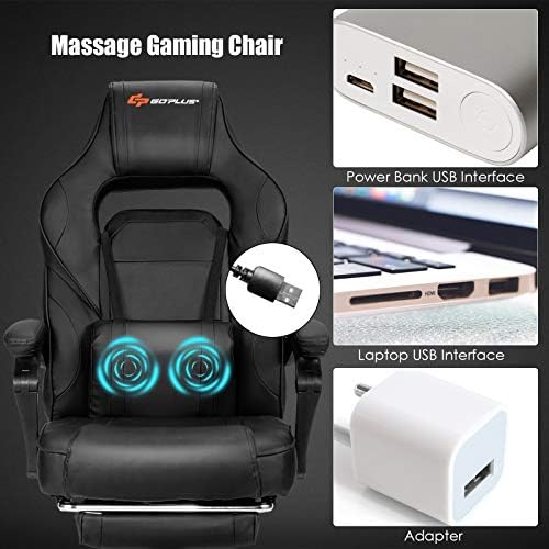 Goplus Massage Gaming Chair, Reclining Backrest, Seat Height Adjustment Racing Computer Office Chair with Footrest, Ergonomic High Back PU Swivel Game Chair (Black)