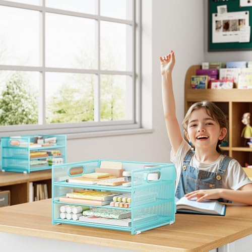 Paper Organizer with Handle,2P-3 Tier Blue Desk Organization Set