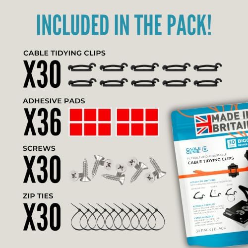 [Made in the UK] 30-Pack Adjustable Elastic Self-Adhesive Cable Tidy Clips, Cable Management Organiser for Office, Home, Under Desk, Behind TV, Charging Phone, Laptop, PC, HDMI, USB (BLACK)