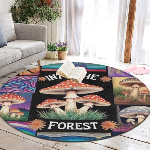 Soft Round Yoga Carpet, Large Home Decor Mat, Non Slip Machine Washable Kitchen Office Circle Rug Trippy Mushroom