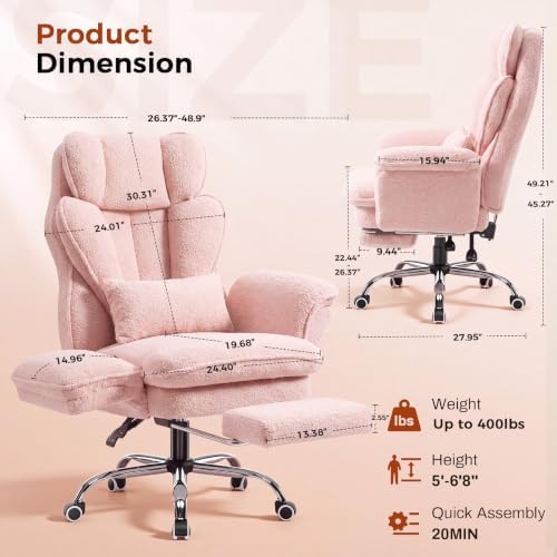 GTPLAYER Big and Tall Office Chair Flip Armrests Criss Cross Desk Chair with Pocket Spring Cushion & Ergonomic Lumbar Support for Lower Back Pain Relief Wide Seat Comfy Teddy Fleece,Pink
