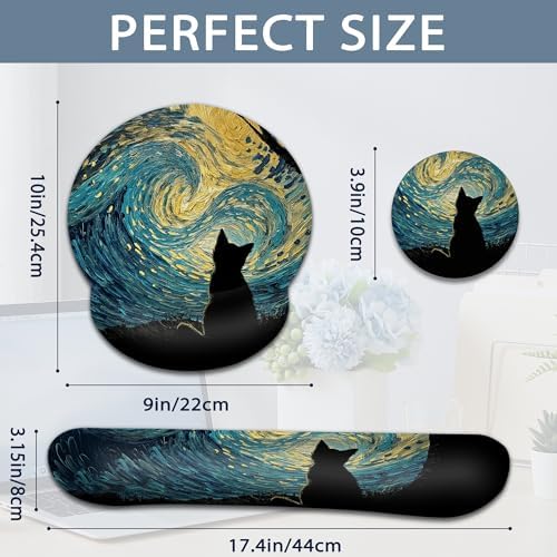 Starry Night Wrist Rest Support for Mouse Pad Keyboard Set, Cat Mouse Pad with Non Slip Rubber Base for Home and Office Typing Support