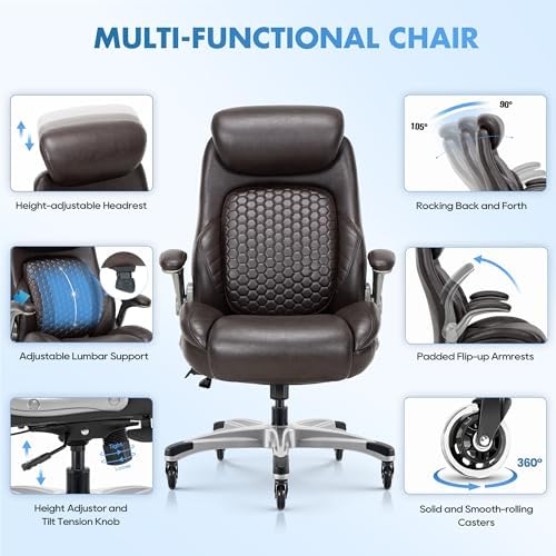 COLAMY Office Ergonomic Desk High Back Executive Chair with Pop-Out Lumbar Support, Upgraded Casters, Adjustable Headrest, Flip-Up Arms, Leather Home with Thick Cushion for Comfort - Brown