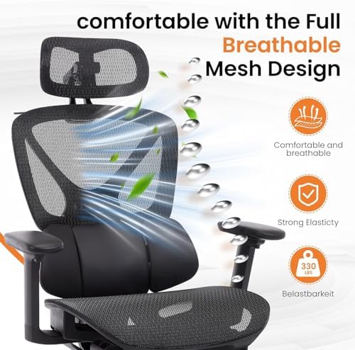 LuxErgo High Back Ergonomic Mesh Office Chair, Home Desk Chair with Adjustable Lumbar Support Foot Rest, 3D Headrest and Armrests, 350lbs Big and Tall High Back Reclining Gaming Chair, Black