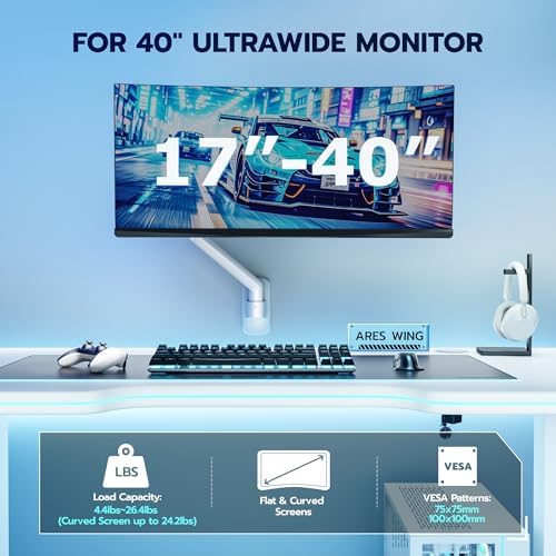 ARES WING 17-40 Inch Ultrawide Single Monitor Wall Mount, White