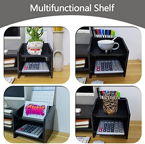 Computer Monitor Riser, 2 Tier Wooden Stand With Two Layer Storage Rack, Black Desktop Organizer for PC/Laptop, Home & Office