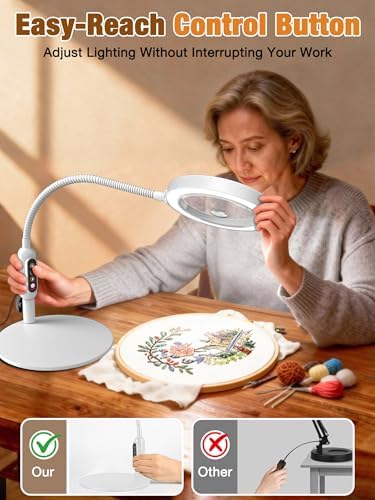 30X 10X Magnifying Glass with Light and Stand, 5 Color Modes Stepless Dimmable, Optical Grade HD Lens, LED Lighted Magnifier Hands Free with 16in Flexible Gooseneck for Close Work - White