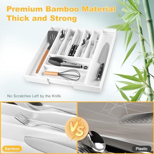 Large Premium Bamboo Silverware Organizer - Expandable Drawer Organizer & Utensil Organizer - 17"x19.7" Cutlery Tray with Dividers for Kitchen Utensils and Flatware (7-9 Slots) (White)